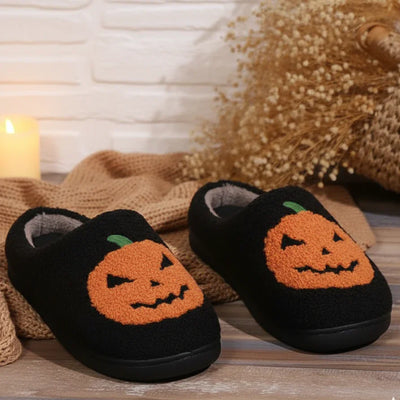 Svart halloween tofflor pumpa ansikte