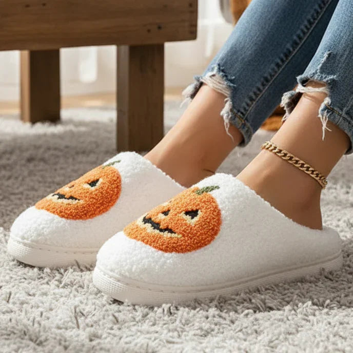 Vit halloween tofflor pumpa ansikte