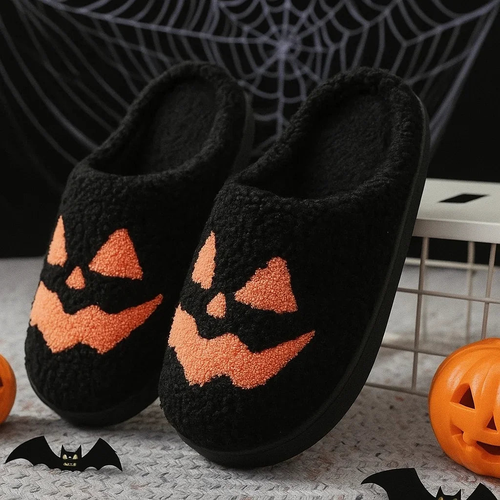 Svart halloween tofflor pumpa ansikte